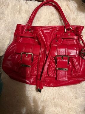 Michael Kors Red Patent Leather Shoulder Bag with Buckle Pockets